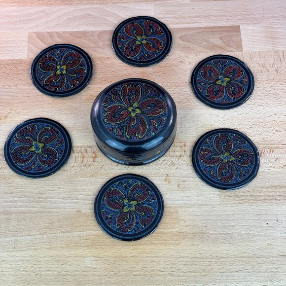 Vintage Handmade Lacquerware Coaster Set of 6 Coasters with Holder - Picture 2 of 8